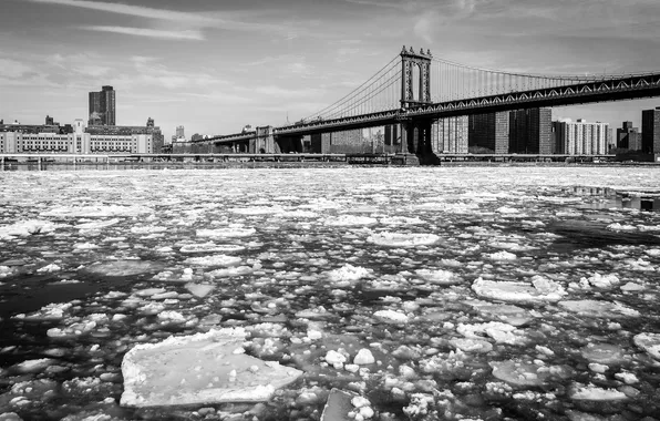 Picture winter, bridge, the city, home, ice, NYC, Manhattan Bridge