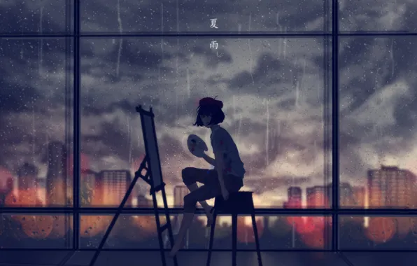 Girl, the city, rain, palette, easel