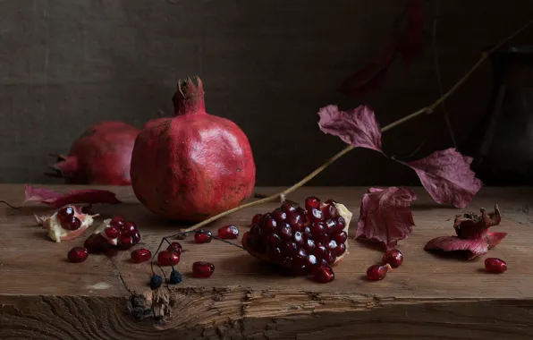 Leaves, Board, branch, fruit, still life, grenades, garnet, pomegranate grains