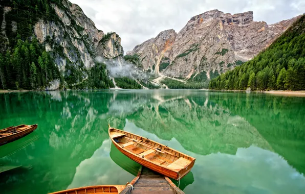 Picture forest, water, mountains, lake, boat