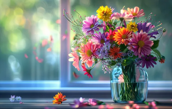 Picture flowers, bouquet, vase, different, AI art, neural network