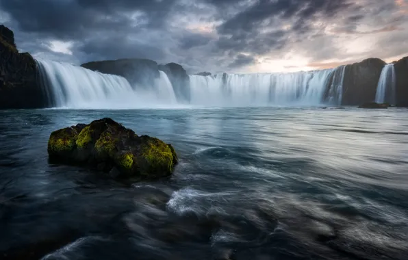 Stones, shore, waterfall, Iceland, pond