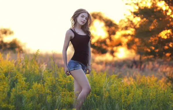 Picture summer, look, girl, sunset, nature, pose, figure, beauty