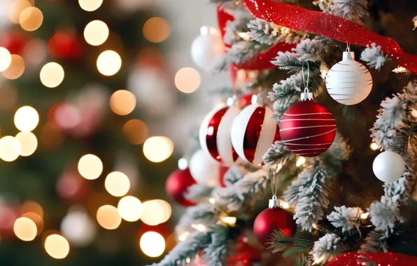 Balls, Christmas, red, New year, tree, white, herringbone, elegant