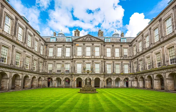 Greens, the sky, grass, clouds, flowers, lawn, Scotland, yard