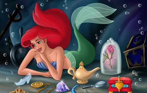 Picture castle, cartoon, mermaid, tale, chest, treasures, underwater world, Princess
