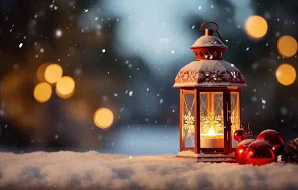 Winter, snow, night, Christmas, lantern, New year, Christmas, night