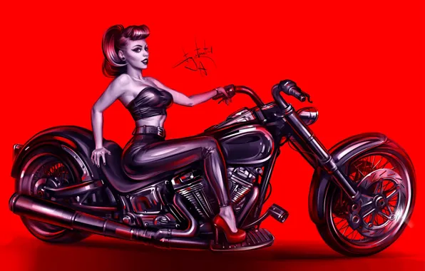 Girl, Figure, Girl, Bike, Motorcycle, Red, Art, Art