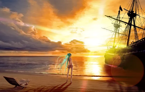 Sand, sea, clouds, ship, anime, girl, sunbed, anime