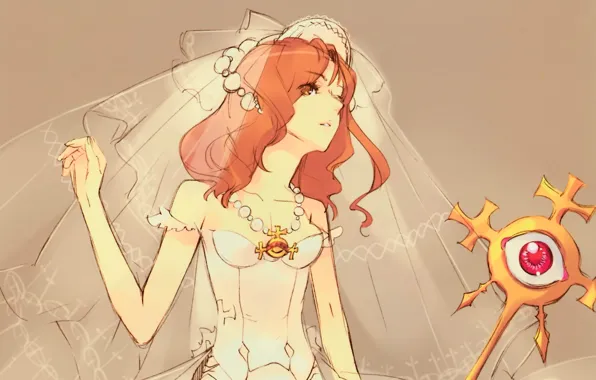 Eyes, neckline, corset, red, grey background, rod, the bride, veil