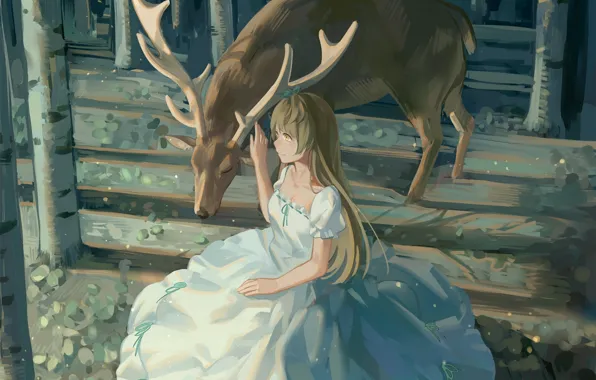 Girl, trees, nature, animal, anime, deer, art, horns