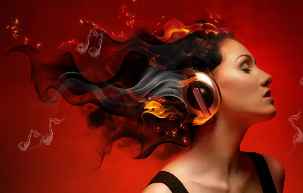 Picture girl, creative, fire, smoke, headphones, profile, charm