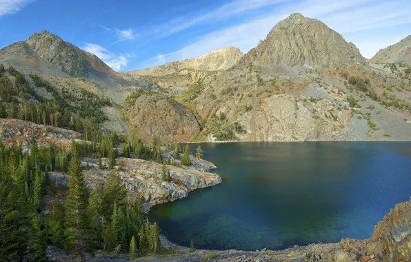 The sky, clouds, trees, mountains, lake