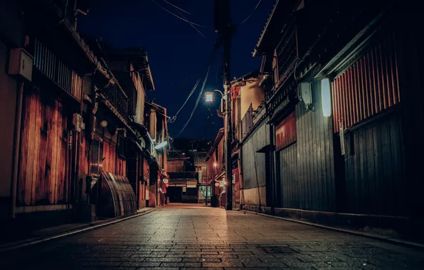 Street, Japan, Kyoto, stores, night, lamppost