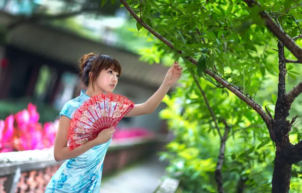 Summer, girl, trees, face, style, dress, fan