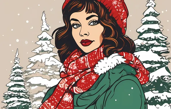 Girl, retro, holiday, hat, graphics, scarf, jacket, Christmas