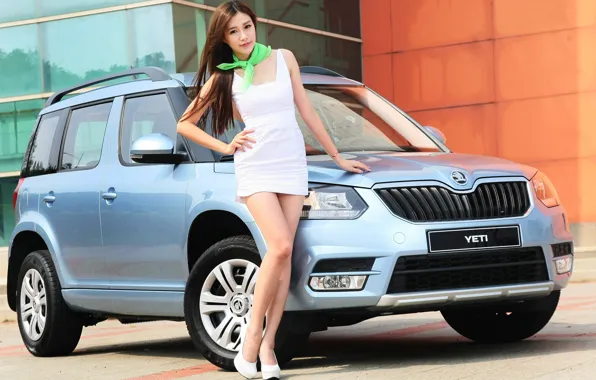 Auto, look, girl, Asian, beautiful girl, posing on the car, Skoda Yeti