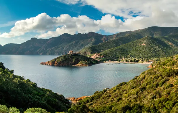 Picture sea, clouds, mountains, coast, France, Bay, Corsica