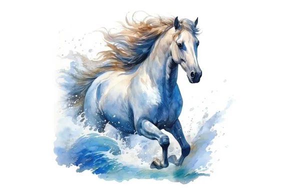 Wave, water, horse, horse, running, watercolor, white background, painting