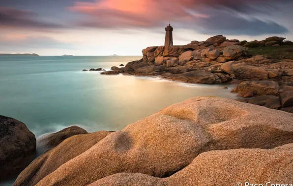 Sea, stones, dawn, shore, lighthouse