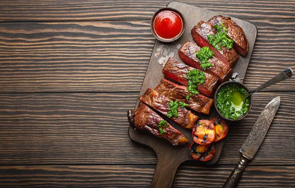 Picture greens, Board, meat, chopped, bowl, tomatoes, sauce, piece