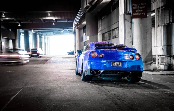 Blue, shadow, blur, nissan, cars, Nissan, blue, gt-r