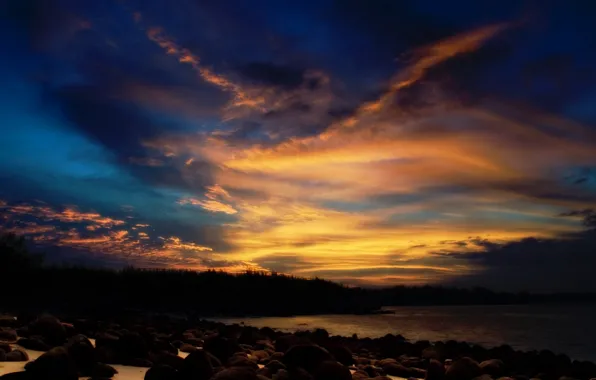 Picture the sky, sunset, stones, Clouds