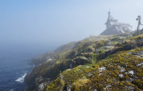 Sea, greens, fog, stones, open, moss, construction, haze