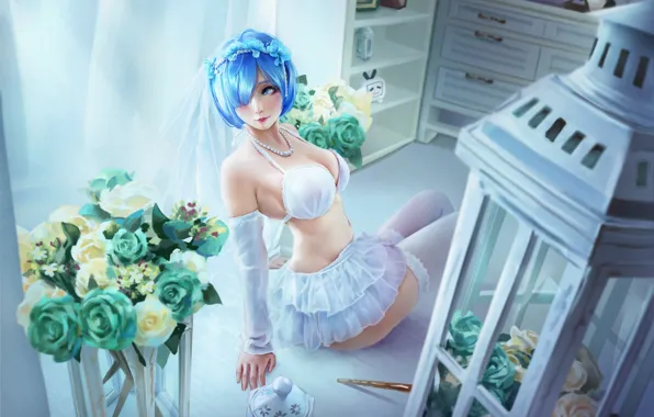 Girl, flowers, the bride, Rem, Re:Zero kara hajime chip isek or Seikatsu