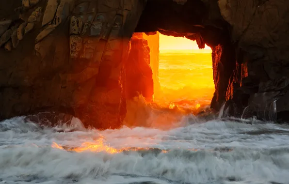 Picture sea, rocks, Sunset, Big Sur, Pfeiffer Beach, Monterey