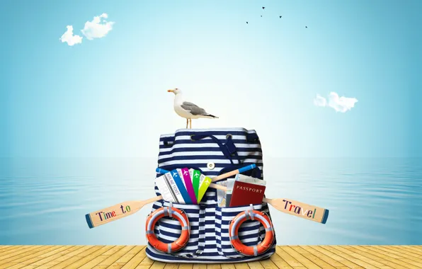 Sea, card, the sky, clouds, birds, vacation, Seagull, pier