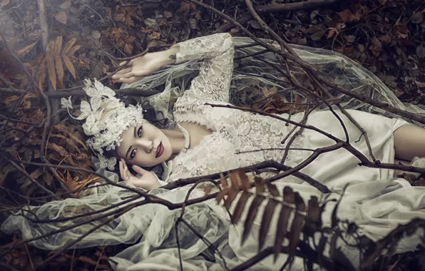 Leaves, branches, the situation, Asian, the bride, wedding dress