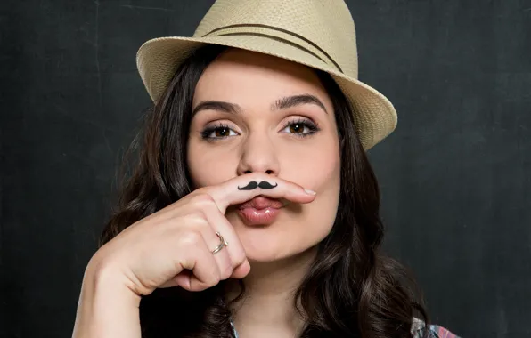 Mustache, girl, hat, brunette, finger