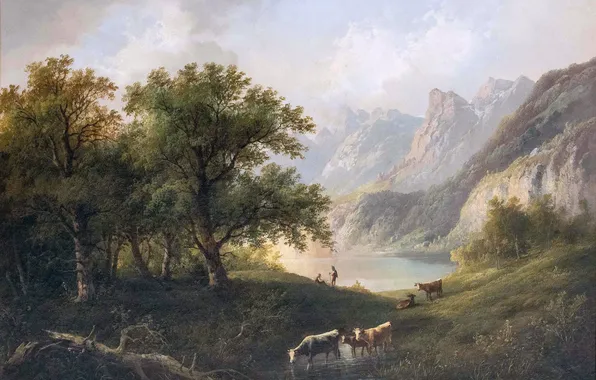 Mountains, Trees, River, Picture, Men, Austrian landscape painter, Edward Boehm, Eduard Boehm