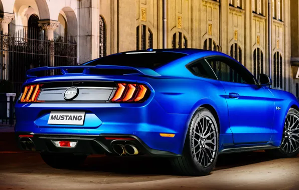 Blue, Ford, rear view, Fastback, 2018, Mustang GT