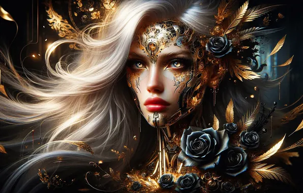 Machine, look, girl, flowers, face, style, the dark background, fiction