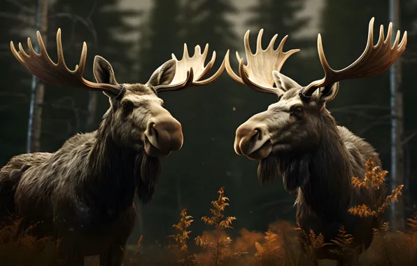 Forest, nature, pair, moose, moose, two elk, AI art, neural network