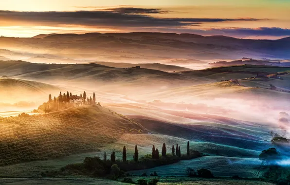 Picture field, fog, hills, Italy, Tuscany