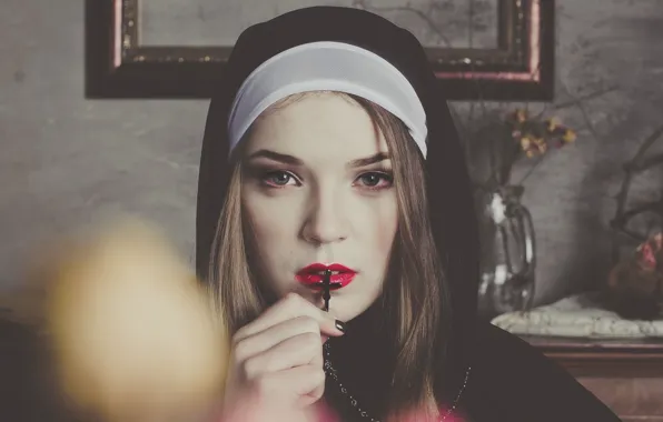 Nun, cross, painted, kisses, nuns