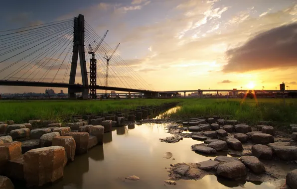 Water, sunset, stones, construction, Bridge