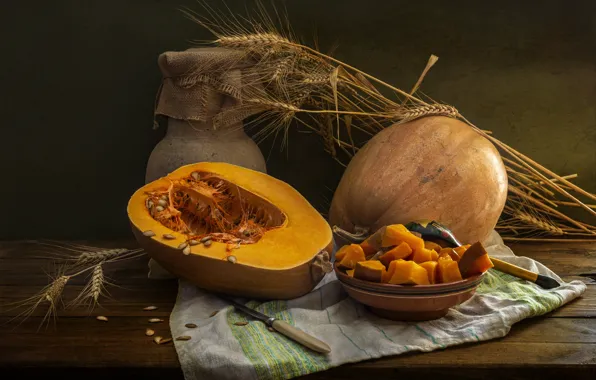 Table, cubes, rye, towel, spikelets, knife, pumpkin, pumpkin