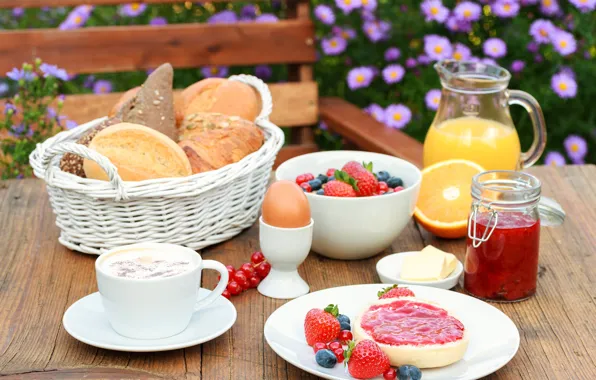 Picture flowers, berries, background, basket, egg, coffee, blur, Breakfast
