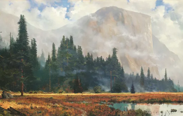 Landscape, rocks, horses, thomas kinkade, pine forest, Yosemite Meadow