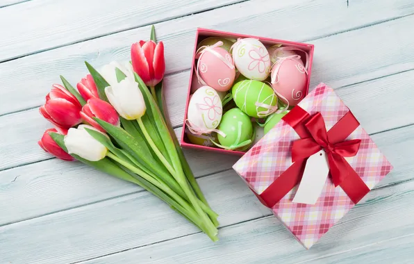 Flowers, eggs, spring, colorful, Easter, tulips, wood, flowers