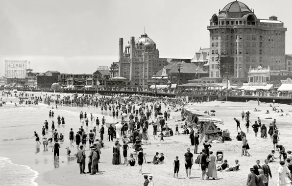 Sea, beach, retro, people, shore, USA, 1915 year