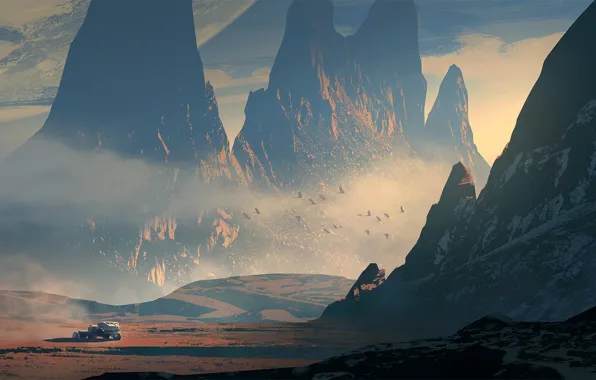 Picture machine, the sky, mountains, bird, planet, kapteyn alone the front