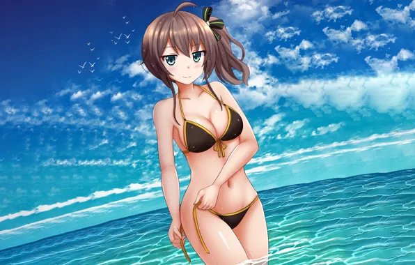 Picture girl, sexy, cleavage, sky, long hair, sea, brown hair, boobs