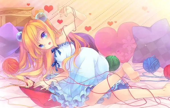 Picture girl, bed, pillow, art, hearts, thread, balls, lying