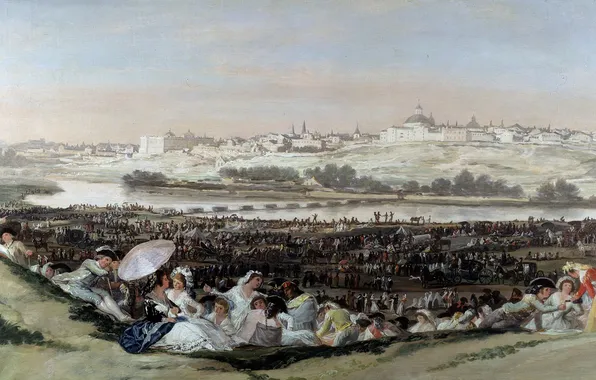 Landscape, the city, river, people, stay, picture, Francisco Goya, Meadow Of St Isidore