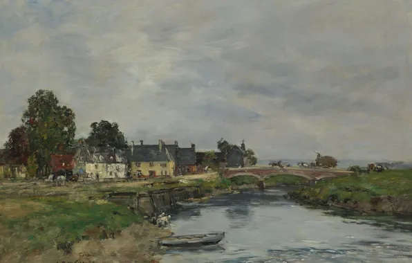 Landscape, bridge, river, home, picture, Eugene Boudin, Eugene Boudin, Touques. The Port of Vieux